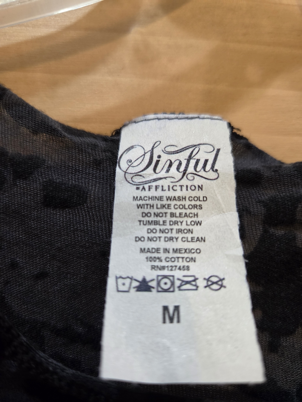 NWT | Sinful Affliction Sheer Skull Lettuce Hem Shirt Rhinestone Logo | Medium - Picture 4 of 6